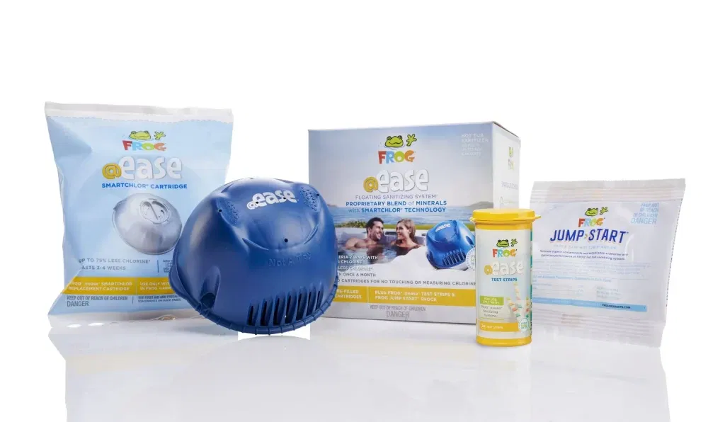This is the FROG @ease Floating System. This product is for hot tubs and swim spas. It cleans and maintains hot tub water. It utilizes 75% less chlorine than traditional practices.