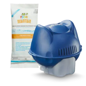 A FROG @ease for Swim Spas System sits in front of a packet of FROG Maintain for Swim Spas