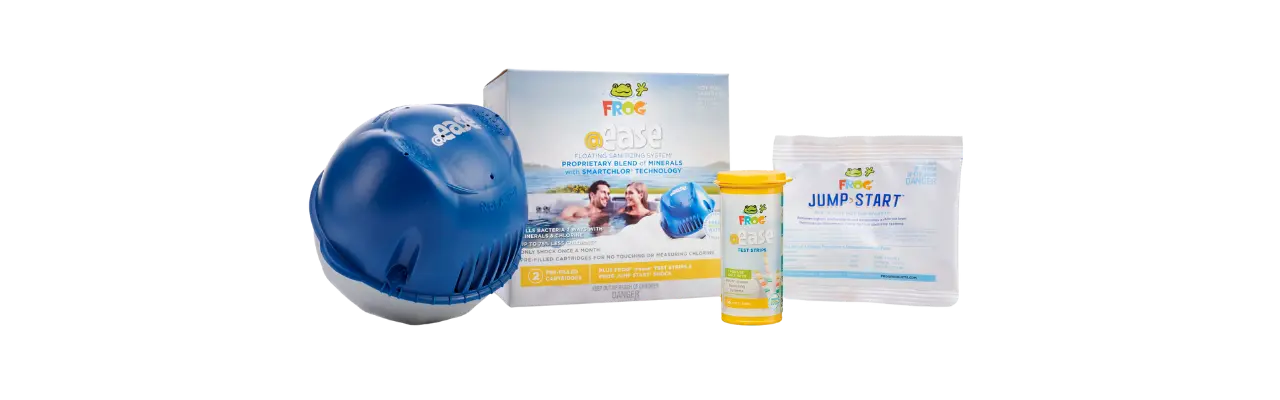 The FROG @ease Floating System pictured next to the packaging, Test Strips and FROG Jump Start