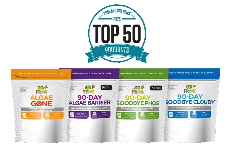 Pool and Spa News 2025 Top 50 Products award badge above four FROG brand swimming pool treatment products including Algae Gone, 90-Day Algae Barrier, 90-Day Goodbye Phos, and 90-Day Goodbye Cloudy