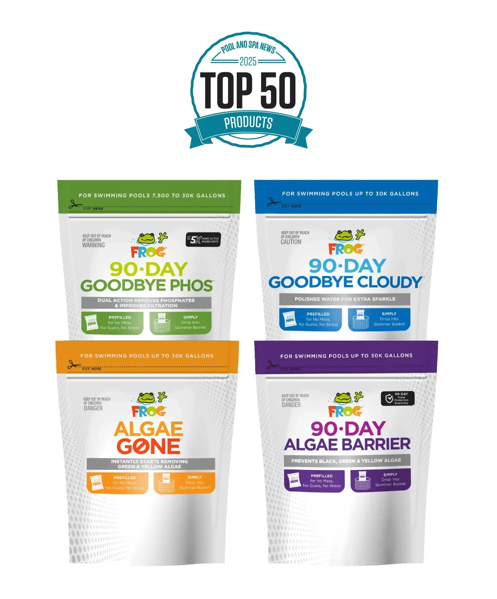 Collection of four FROG pool treatment products beneath a Pool and Spa News 2025 Top 50 Products award badge, including Goodbye Phos, Goodbye Cloudy, Algae Gone, and Algae Barrier