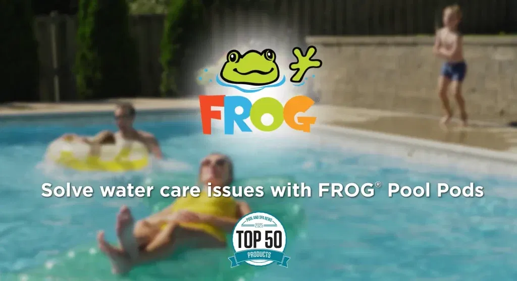 FROG Pool Pods logo over pool scene with people swimming, text reads "Solve water care issues with FROG Pool Pods" and "Top 50 Products 2025" badge
